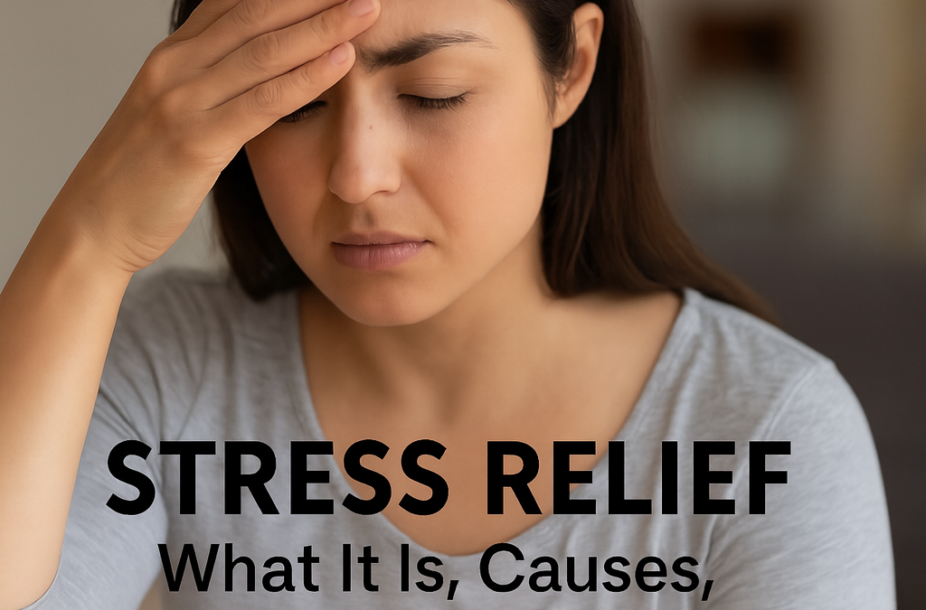 Stress Relief: What it is, causes, health effects, and how you heal it. Woman with hand to forehead