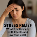 Stress Relief: What it is, causes, health effects, and how you heal it. Woman with hand to forehead