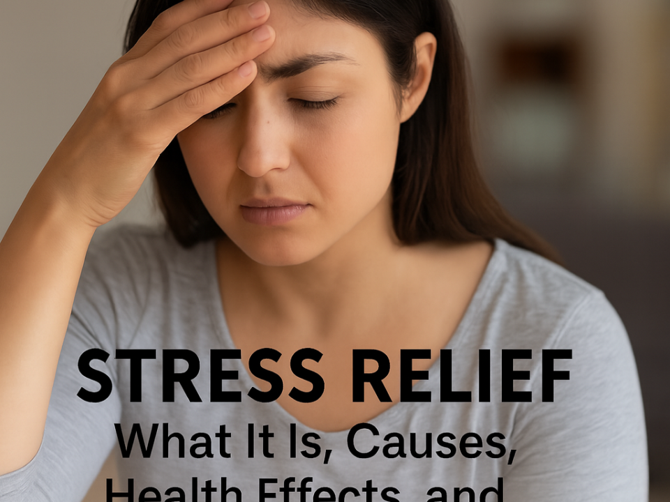 Stress Relief: What it is, causes, health effects, and how you heal it. Woman with hand to forehead