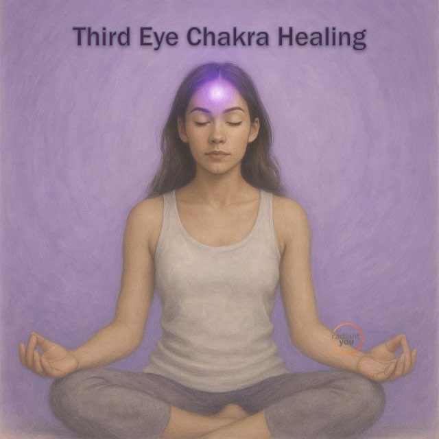 Third Eye Chakra Healing. Woman meditating with open 3rd Eye Chakra at Radiant You