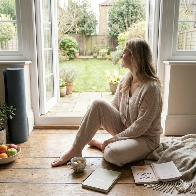 Depressed woman contemplating her garden