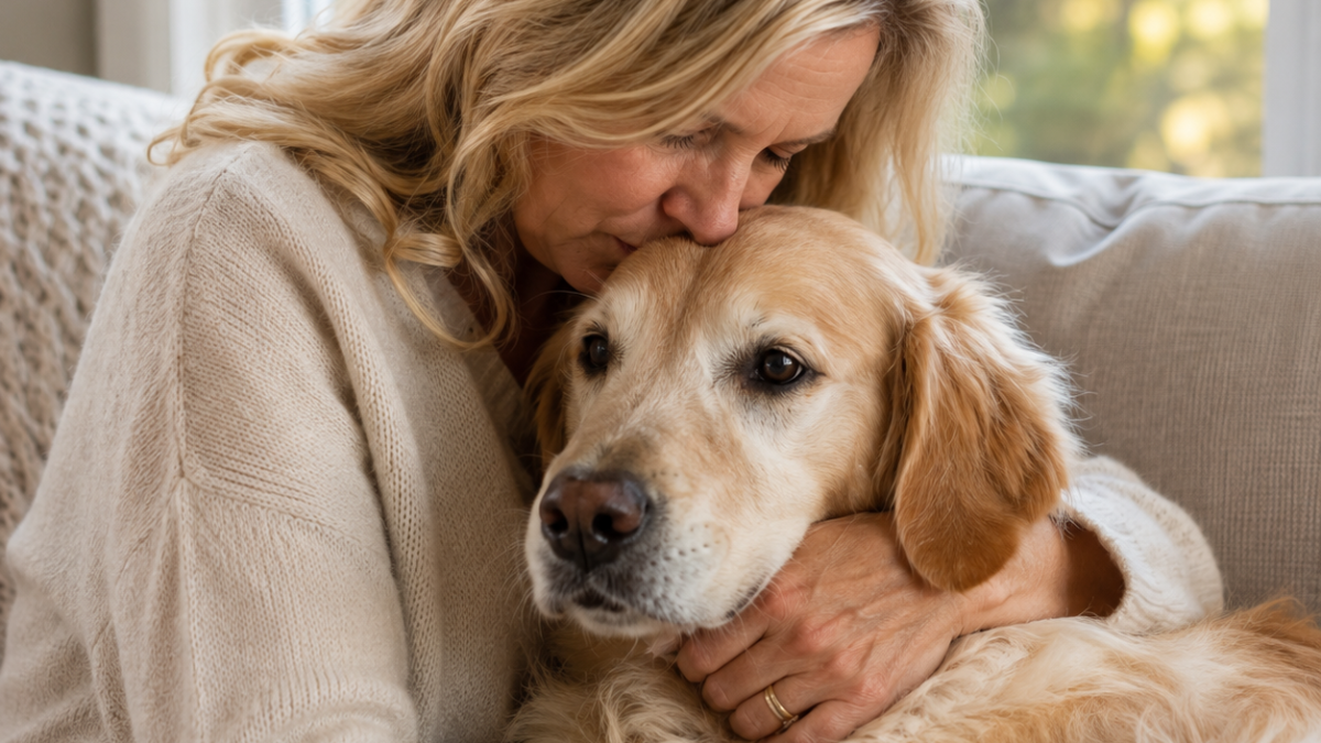 Woman kissing dog. Processing Pet Grief at Radiant You