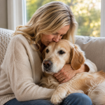 Woman kissing dog. Processing Pet Grief at Radiant You