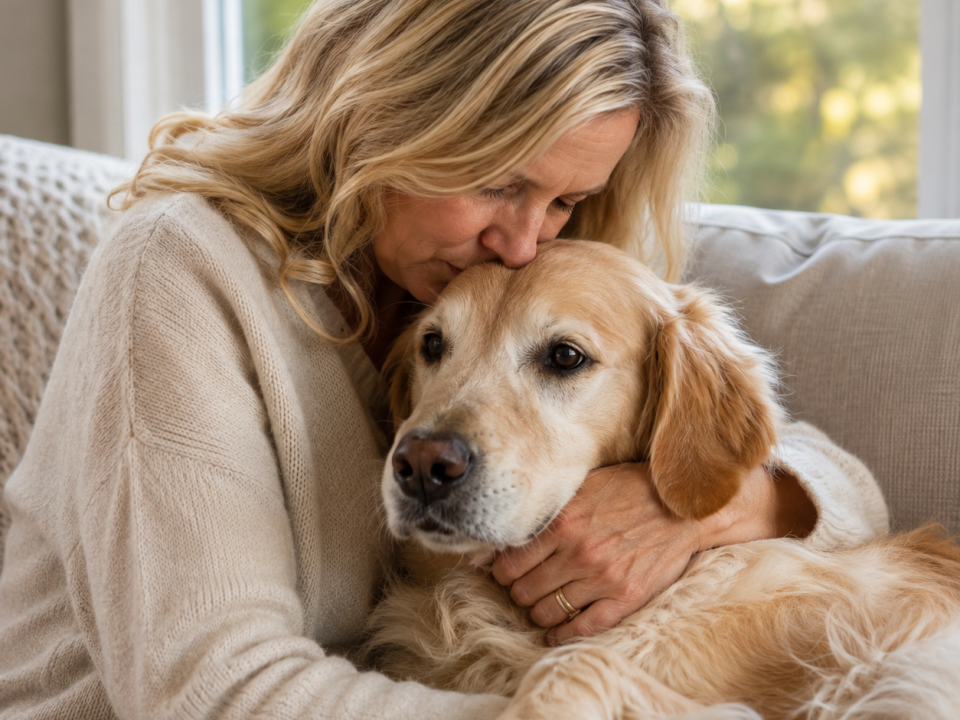 Woman kissing dog. Processing Pet Grief at Radiant You